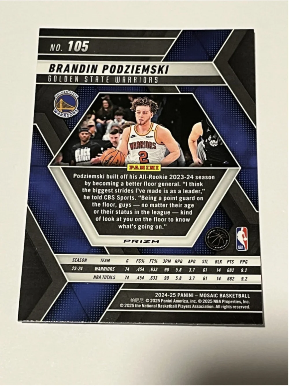 Brandin Podziemski 2024-25 Panini Mosaic #105 Silver Holo Prizm Warriors